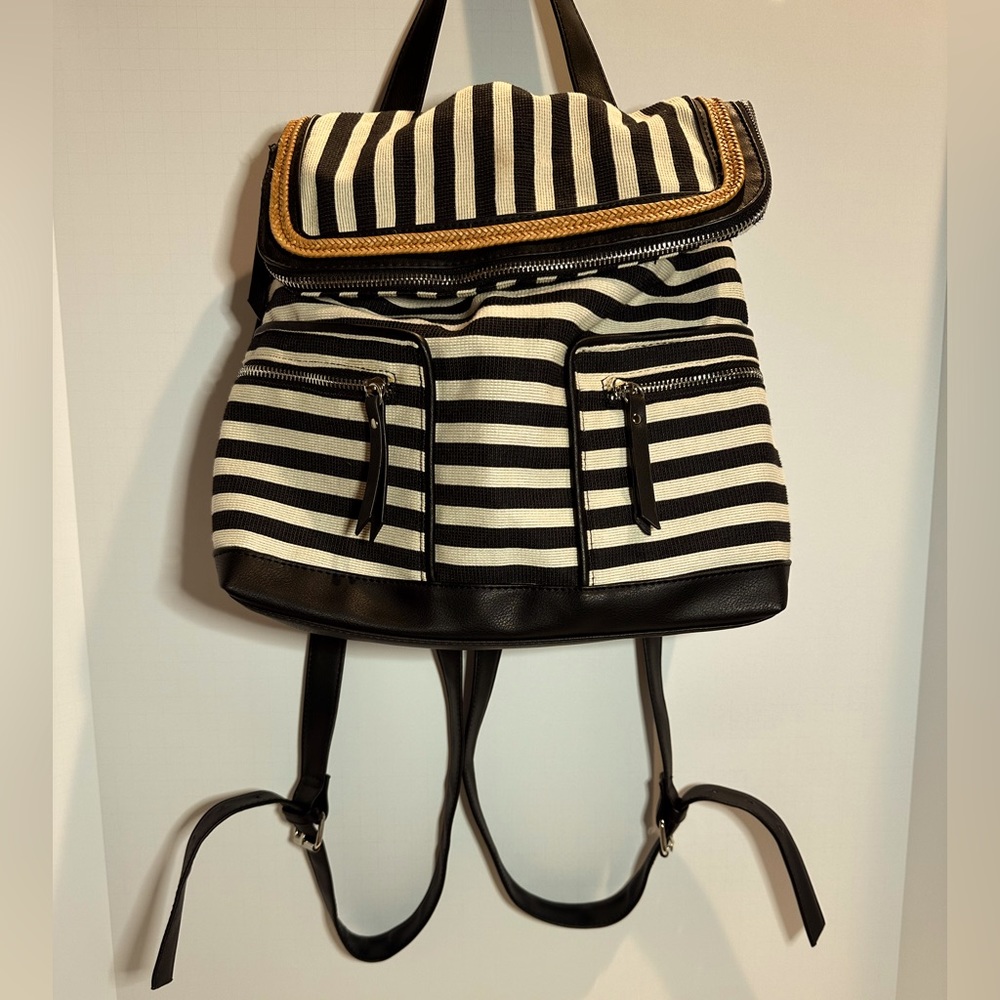 Striped backpack purse with brown woven leather trim & black faux leather straps